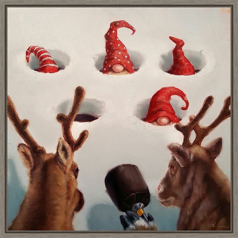 Amanti Art Whack-An-Elf Reindeer Games Framed Canvas Wall Art, Grey, 16X16