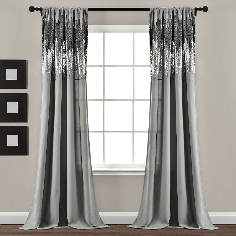 Set of 2 (84"x42") Shimmer Sequins Light Filtering Window Curtain Panels Black/Gray - Lush Décor