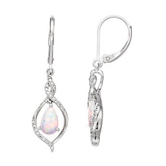 Sterling Silver Diamond Accent & Lab-Created White Opal Leverback Earrings