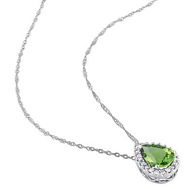 Stella Grace 14k White Gold Peridot & 1/5 Carat T.W. Diamond Halo Pendant Necklace