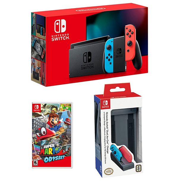 Nintendo Switch with Mario Odyssey Game & Gray Dual Joy-Con Charger