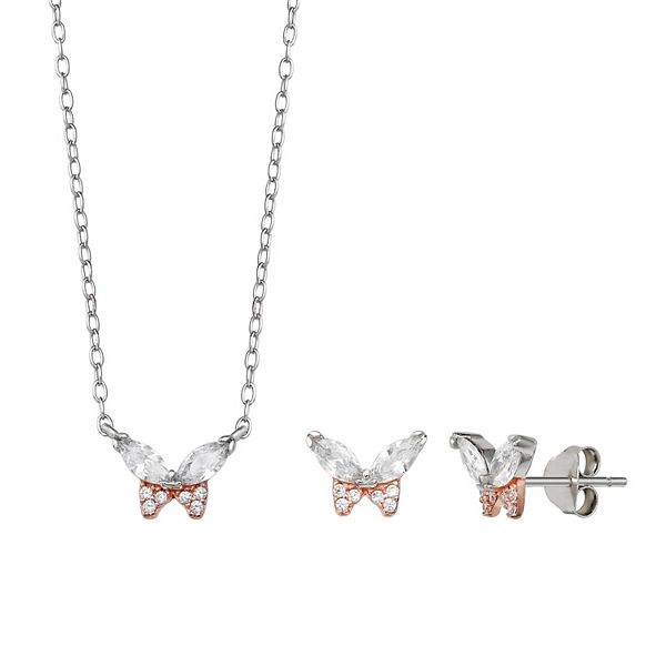 PRIMROSE Sterling Silver 18k Rose Gold Plated Marquise Cubic Zirconia  Butterfly Pendant Necklace & Stud Earring Set