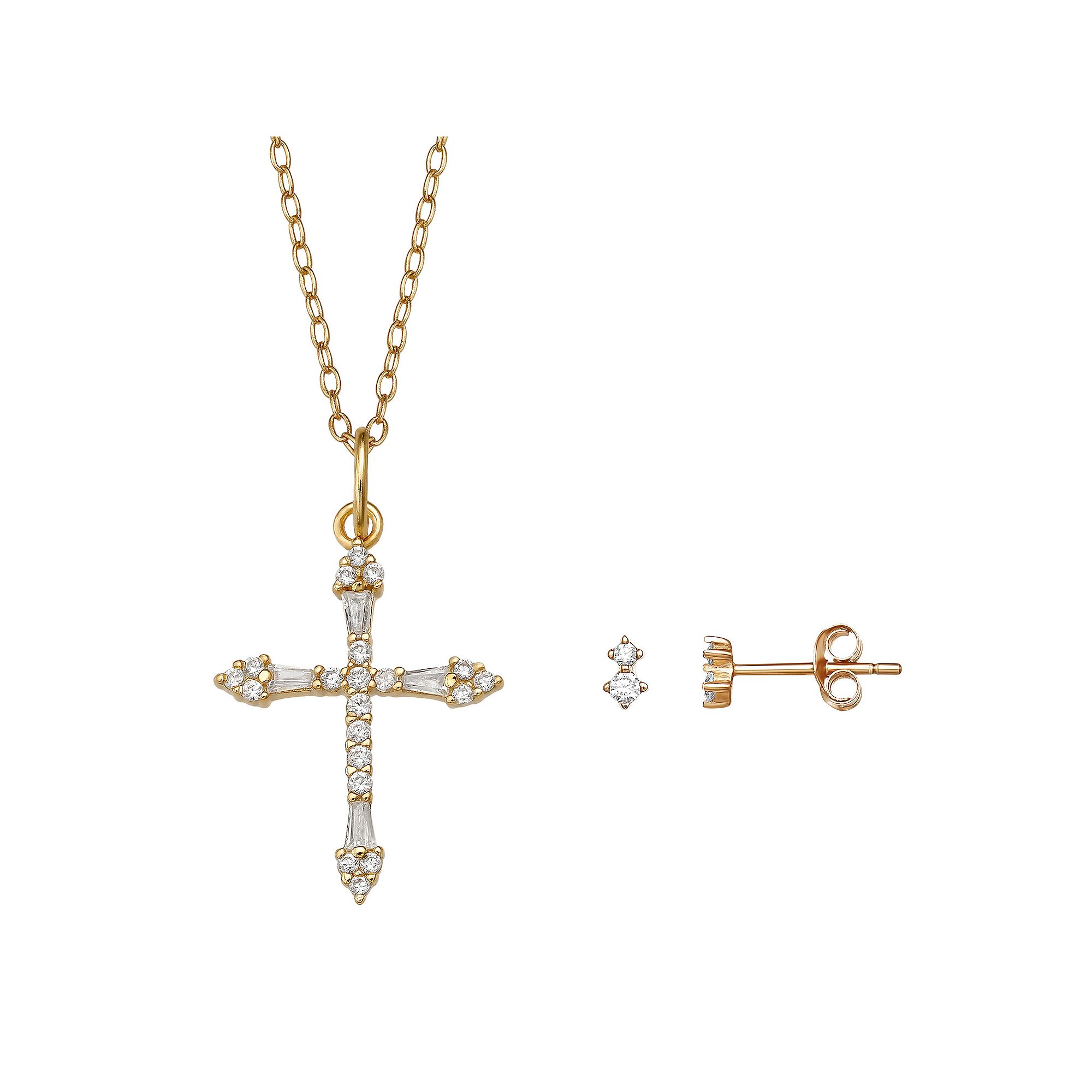 PRIMROSE 18k Gold Over Silver Cubic Zirconia Double Stud Earrings & Pave C