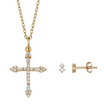 PRIMROSE 18k Gold Over Silver Cubic Zirconia Double Stud Earrings & Pave Cross Pendant Necklace Set