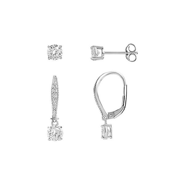 PRIMROSE Sterling Silver Cubic Zirconia Stud & Drop Earring Duo Set - Sterling Clear