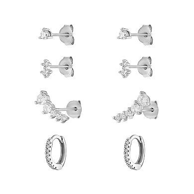 PRIMROSE Sterling Silver Cubic Zirconia Round, Double Round, Open Heart Stud & Huggie Earrings Set