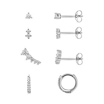 PRIMROSE Sterling Silver Cubic Zirconia Round, Double Round, Open Heart Stud & Huggie Earrings Set