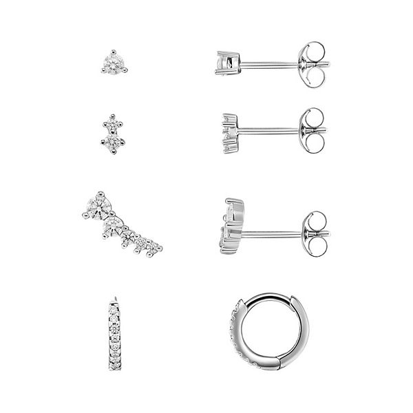 PRIMROSE Sterling Silver Cubic Zirconia Round, Double Round, Open Heart Stud & Huggie Earrings Set - Sterling Clear