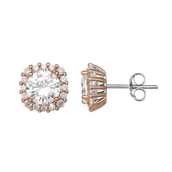 PRIMROSE Sterling Silver Cubic Zirconia Rounded Square Stud Earrings - Two Tone Rose Clear