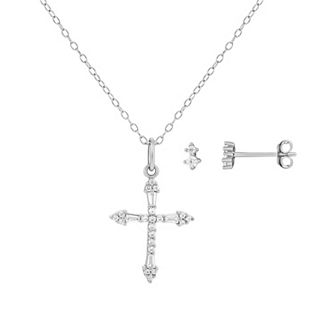 PRIMROSE Sterling Silver Cubic Zirconia Double Round Stud & Cross Pendant Necklace Set