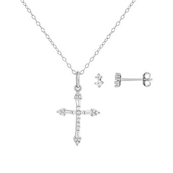 PRIMROSE Sterling Silver Cubic Zirconia Double Round Stud & Cross Pendant Necklace Set
