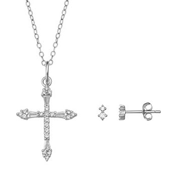 PRIMROSE Sterling Silver Cubic Zirconia Double Round Stud & Cross Pendant Necklace Set