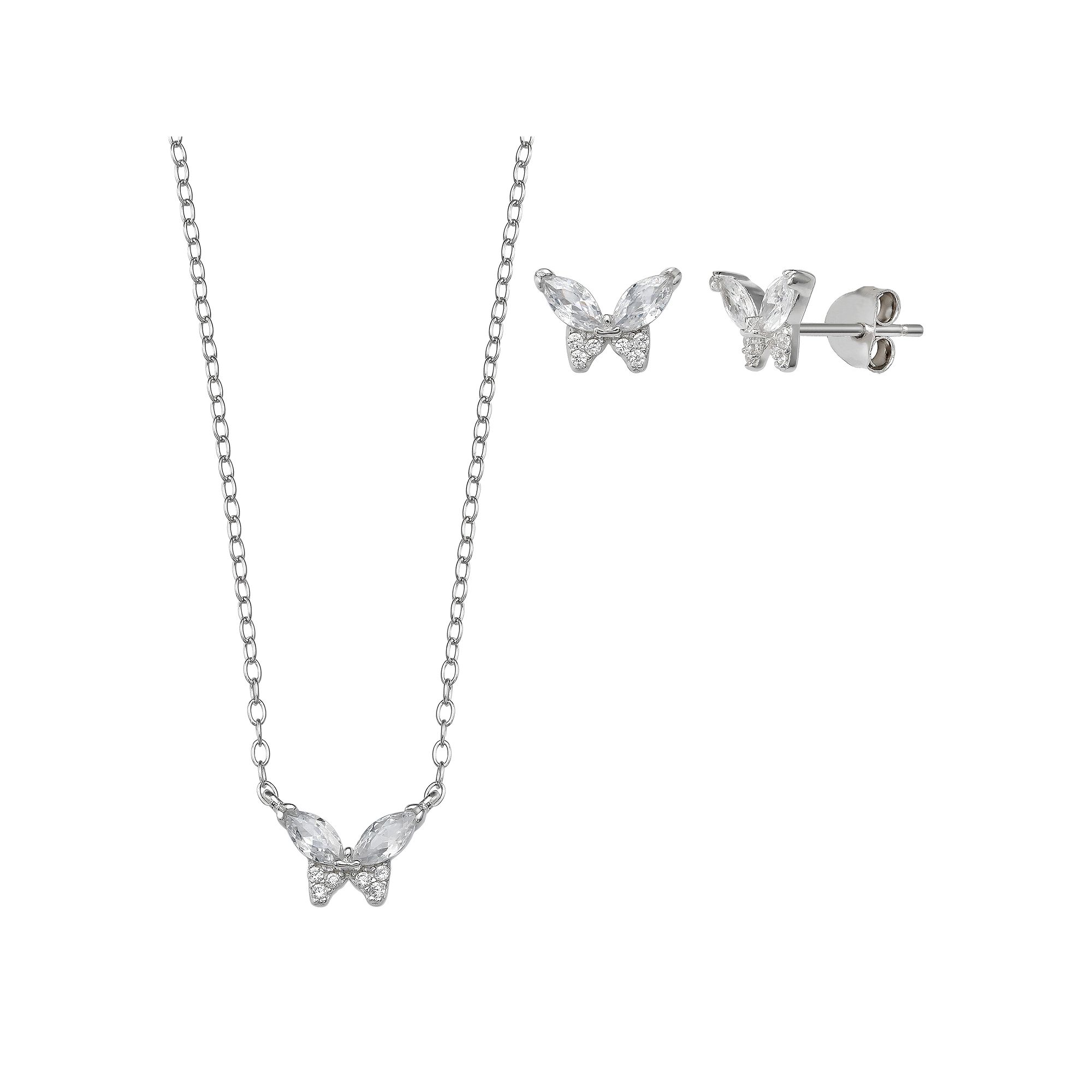 PRIMROSE Sterling Silver Cubic Zirconia Butterfly Stud Earrings & Pendant 