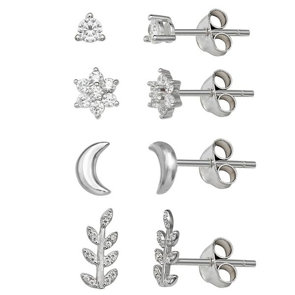 PRIMROSE Sterling Silver Cubic Zirconia Round, Leaf, Moon & Flower Stud  Earrings Set