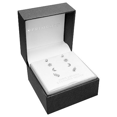 PRIMROSE Sterling Silver Cubic Zirconia Round, Leaf, Moon & Flower Stud Earrings Set