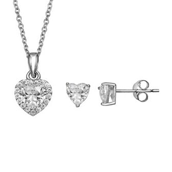 PRIMROSE Sterling Silver Cubic Zirconia Heart Stud Earrings & Heart Pendant Necklace Set