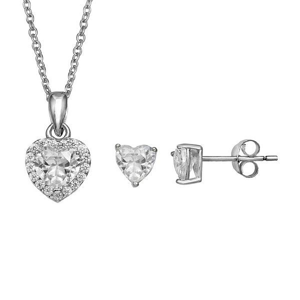 PRIMROSE Sterling Silver Cubic Zirconia Heart Stud Earrings & Heart Pendant  Necklace Set