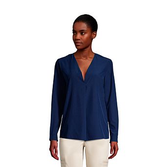 Women's Lands' End Long Sleeve V-neck Poplin Commuter Shirt