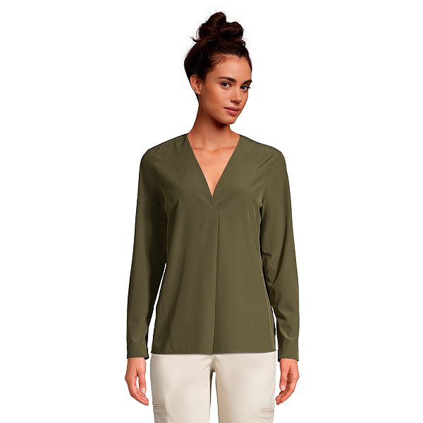 Women's Lands' End Long Sleeve Vneck Poplin Commuter Shirt
