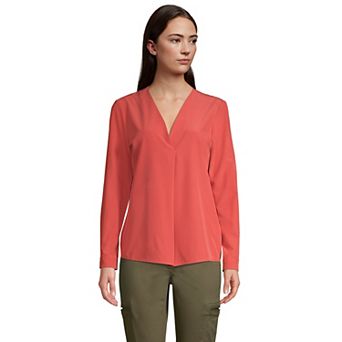 Women's Lands' End Long Sleeve V-neck Poplin Commuter Shirt