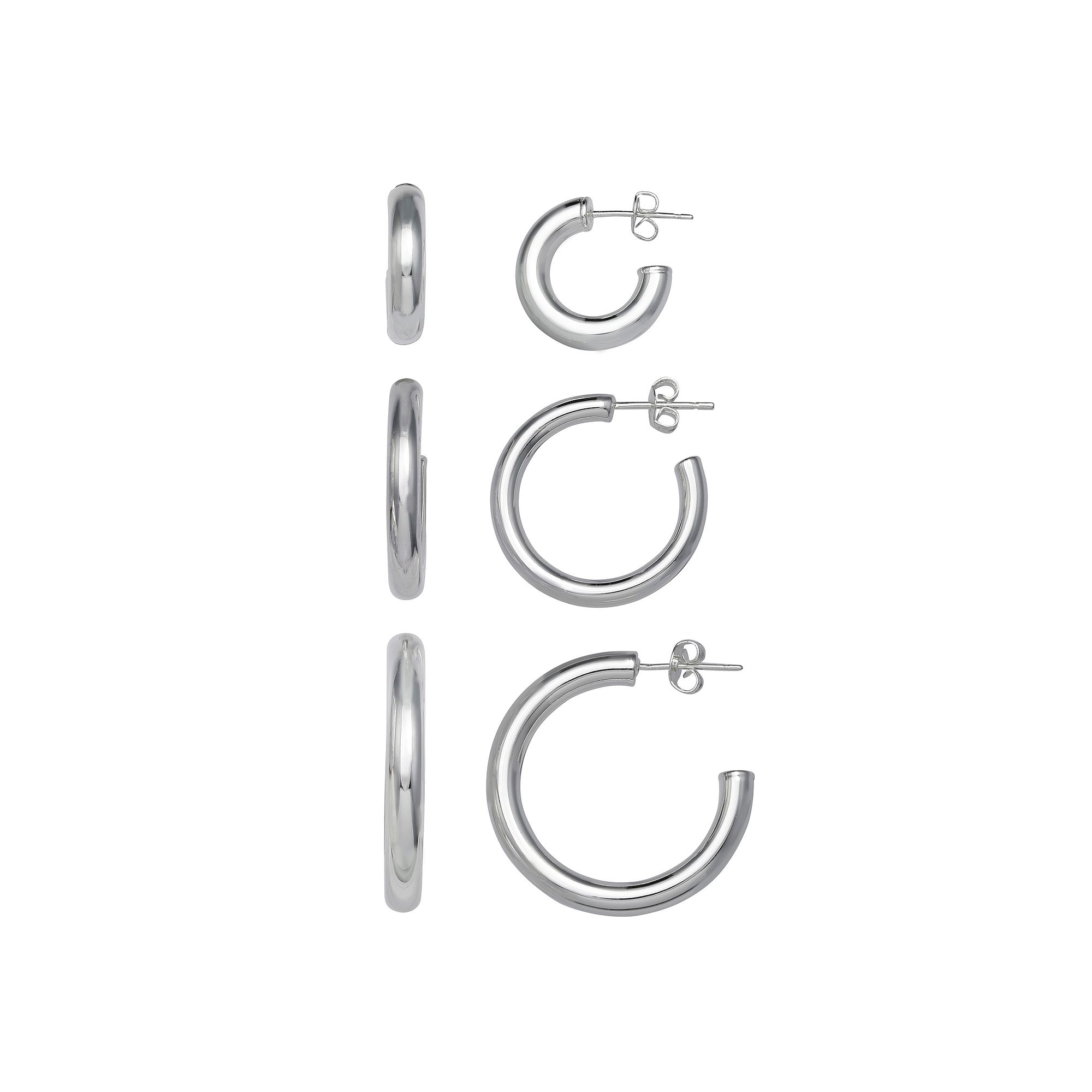 Aurielle 3-Pair Polished Hollow C-Hoop Earring Set, Womens, Silver Tone
