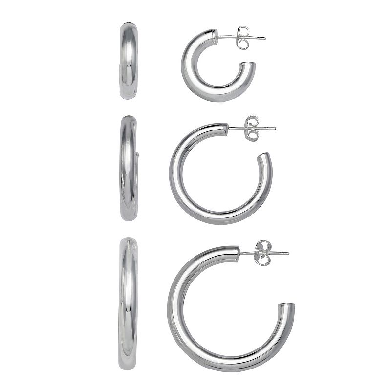 Aurielle 3-Pair Polished Hollow C-Hoop Earring Set, Womens, Grey
