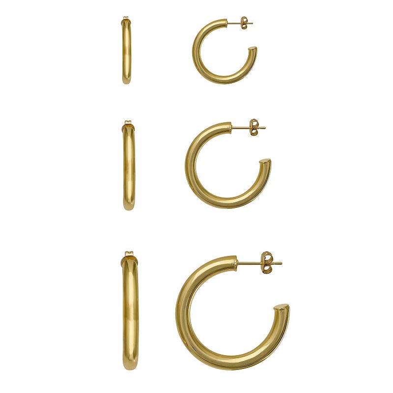 Aurielle 3-Pair 18k Gold Plated Polished C-Hoop Earring Set, Womens, Yello