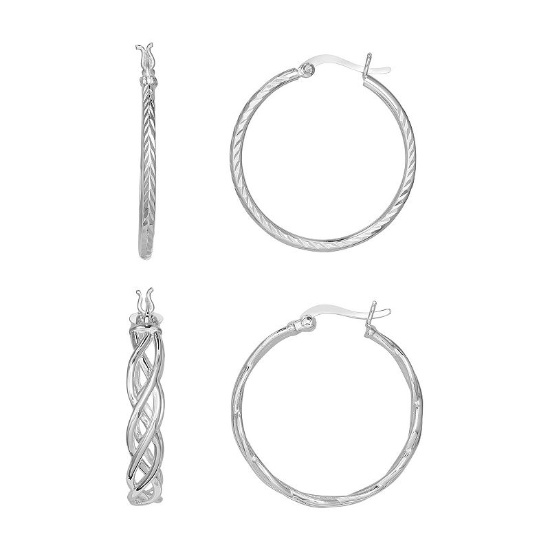 Aurielle 2-Pair Silver Plated Braided Hoop Earring Set, Womens, Grey