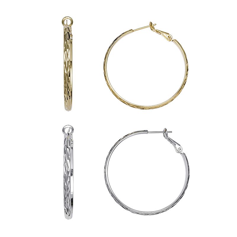 Aurielle 2-Pair 40 mm Textured Flat Hoop Earring Set, Womens, Grey