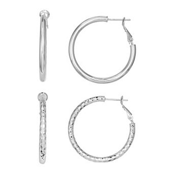 Aurielle 2-Pair Silver Plated 40 mm Textured & Polished Hoop Earring Set