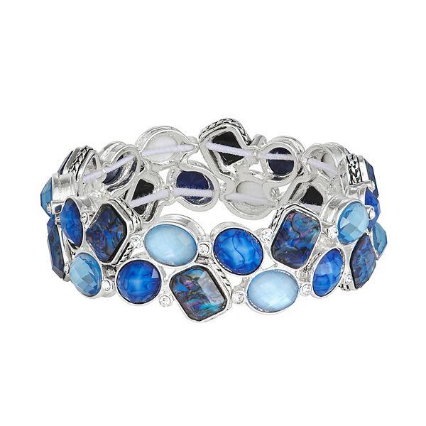 Napier Silver Tone Simulated Blue Stone Cluster Stretch Bracelet