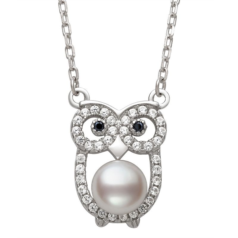 Sterling Silver Cultured Freshwater Pearl & Cubic Zirconia Owl Pendant Nec