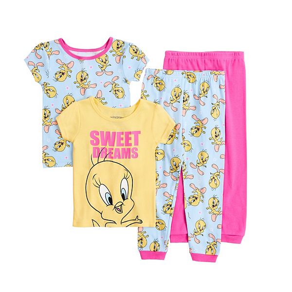 Toddler Girl Looney Tunes Tweety Bird 4 Piece Tops Pants Pajama Set