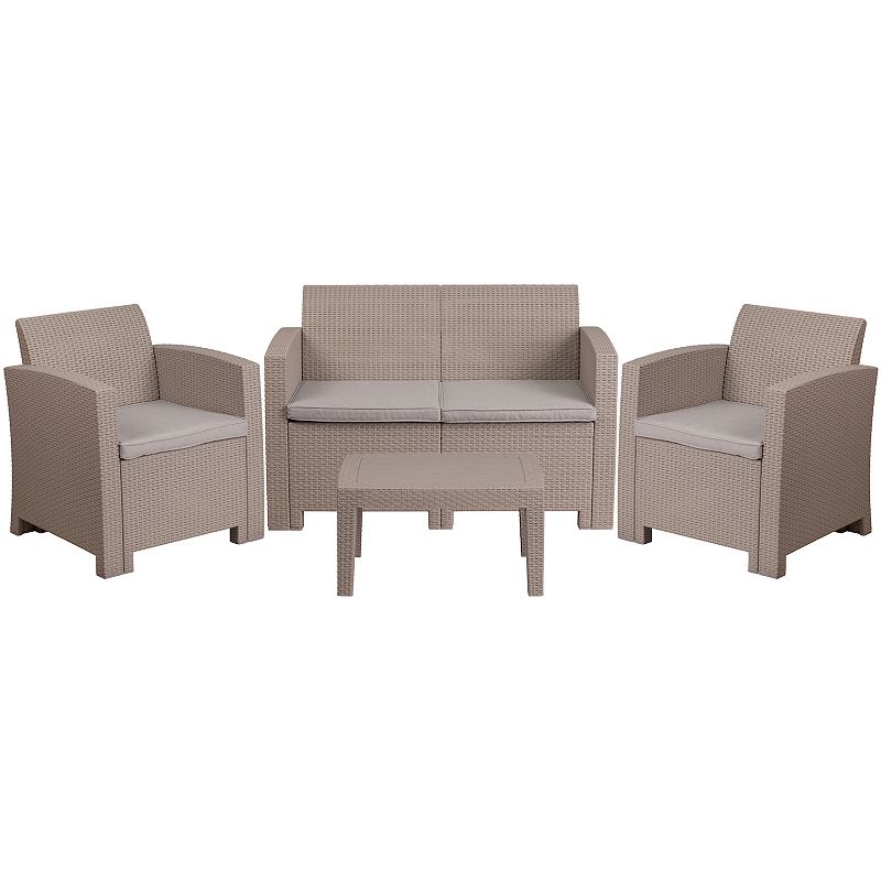 Flash Furniture Patio Chair, Loveseat & Coffee Table 4-piece Set, Beig/Gree