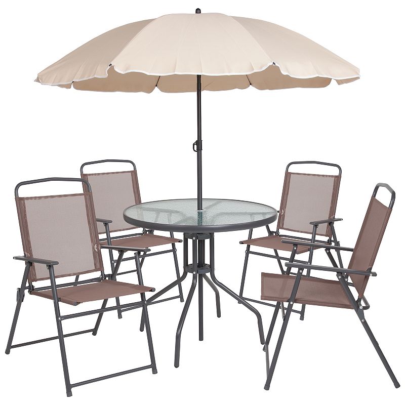 Flash Furniture Nantucket Patio Table, Chair & Umbrella 6-piece Set, Brown