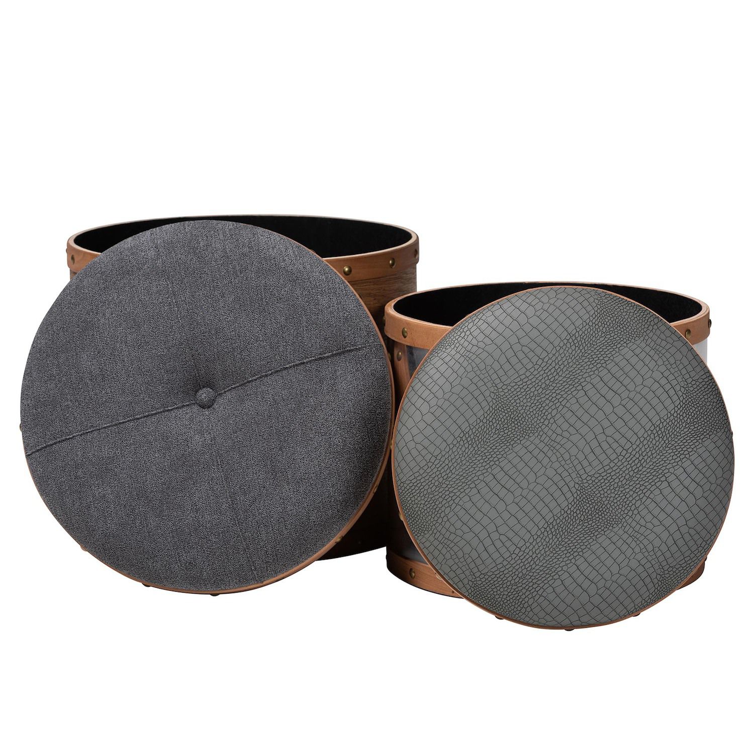 Caleb ottoman with dark gray lid and textured gray fabric top