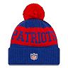 Youth New Era Royal/Red New England Patriots 2020 NFL Sideline Historic Logo Sport Pom Cuffed Knit Hat