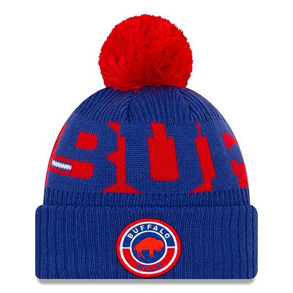 Men's New Era Royal/Red Buffalo Bills 2020 NFL Sideline Historic Logo Sport  Pom Cuffed Knit Hat