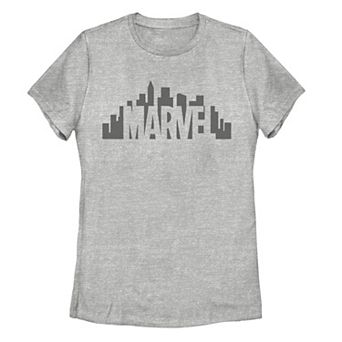 Juniors' Marvel City Skyline Logo Fade Graphic Tee