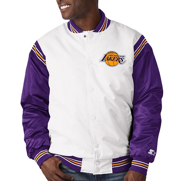 Women's Starter Purple/Gold Los Angeles Lakers Split Colorblock Satin Full-Snap Varsity Jacket Size: Large