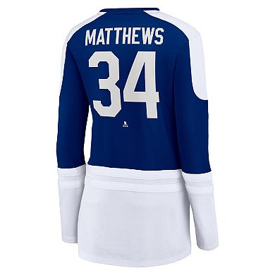 Women's Fanatics Branded Auston Matthews Blue/White Toronto Maple Leafs Power Player Long Sleeve Notch Neck T-Shirt