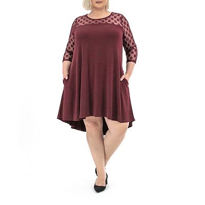Nina Leonard Women's 3/4 Sleeve Trapeze Dress with Dot Illusion Yoke, 2X