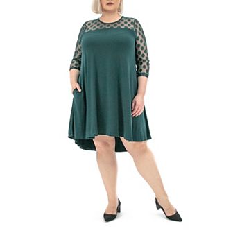 Plus Size Nina Leonard Dot-Mesh Yoke Swing Dress