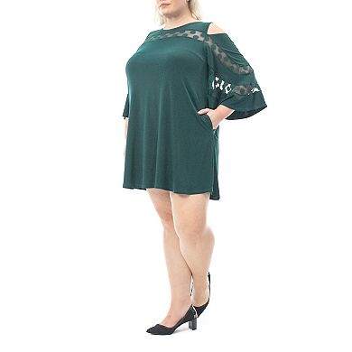 Plus Size Nina Leonard Mesh Yoke Cold-Shoulder Swing Dress