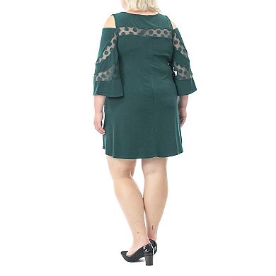 Plus Size Nina Leonard Mesh Yoke Cold-Shoulder Swing Dress