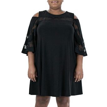 Plus Size Nina Leonard Mesh Yoke Cold-Shoulder Swing Dress
