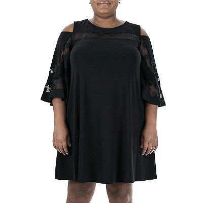 Plus Size Nina Leonard Mesh Yoke Cold Shoulder Swing Dress