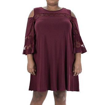 Plus Size Nina Leonard Mesh Yoke Cold-Shoulder Swing Dress