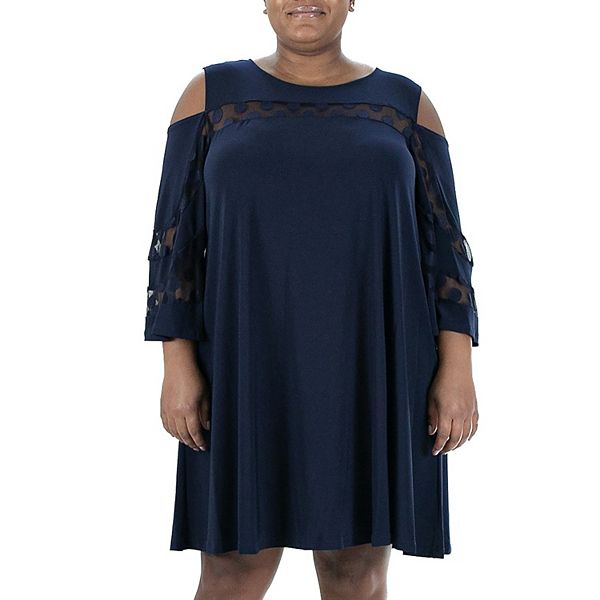 Plus Size Nina Leonard Mesh Yoke Cold-Shoulder Swing Dress