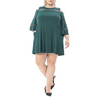 Plus Size Nina Leonard Mesh Yoke Cold-Shoulder Swing Dress